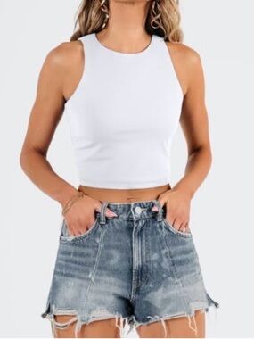 Efan High Neck Classic White Sleeveless Crop Tank Top, White, Size L